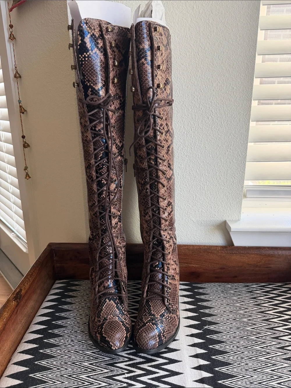 Free People + Jeffrey Campbell Brown Snakeskin Over-the-Knee Lace-Up Boots